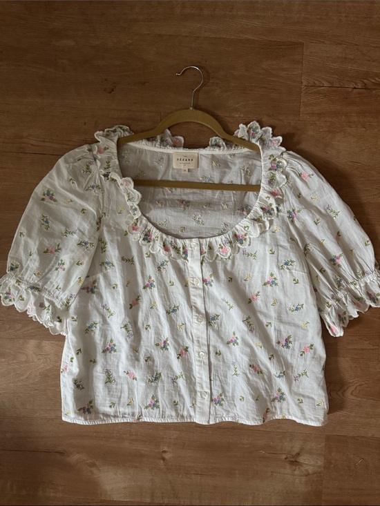 Sezane Tops - Sezane White Puff-Sleeve Floral Button-Front Top size 40